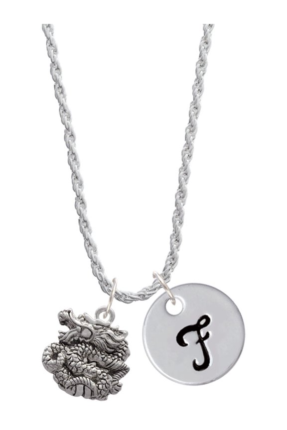Silvertone Chinese Dragon Silvertone Script Initial Disc - F - Charm Necklace, 20"+3"