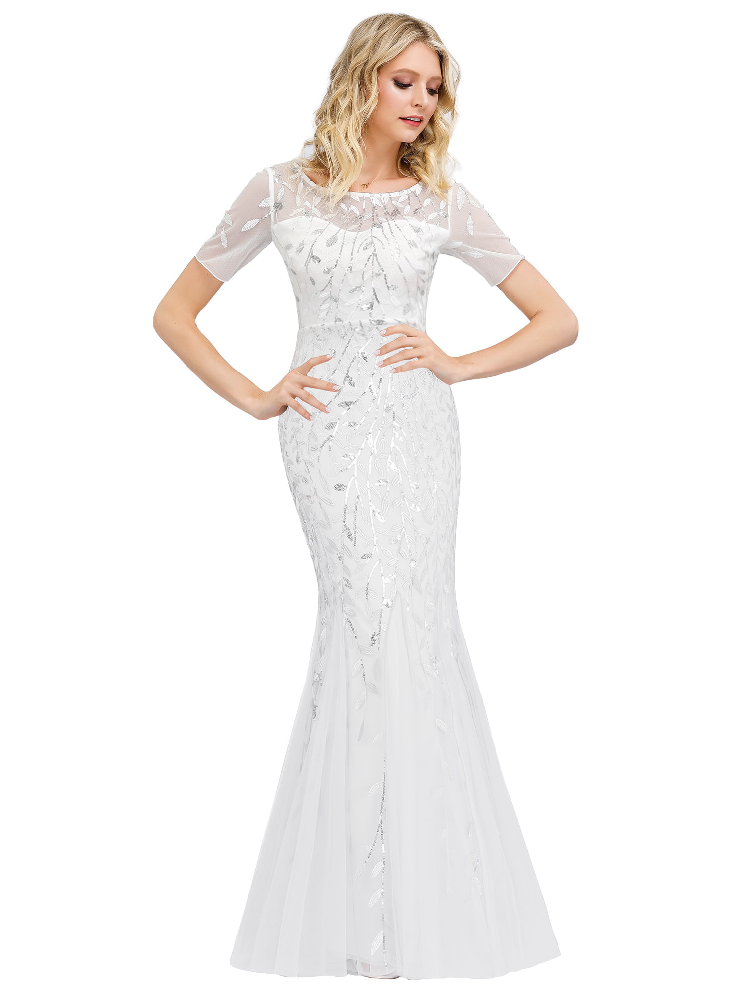 Ever-Pretty Women't Elagant Short Sleeve Long Mermaid Sequin Tulle Prom Evening Dresses EZ07707