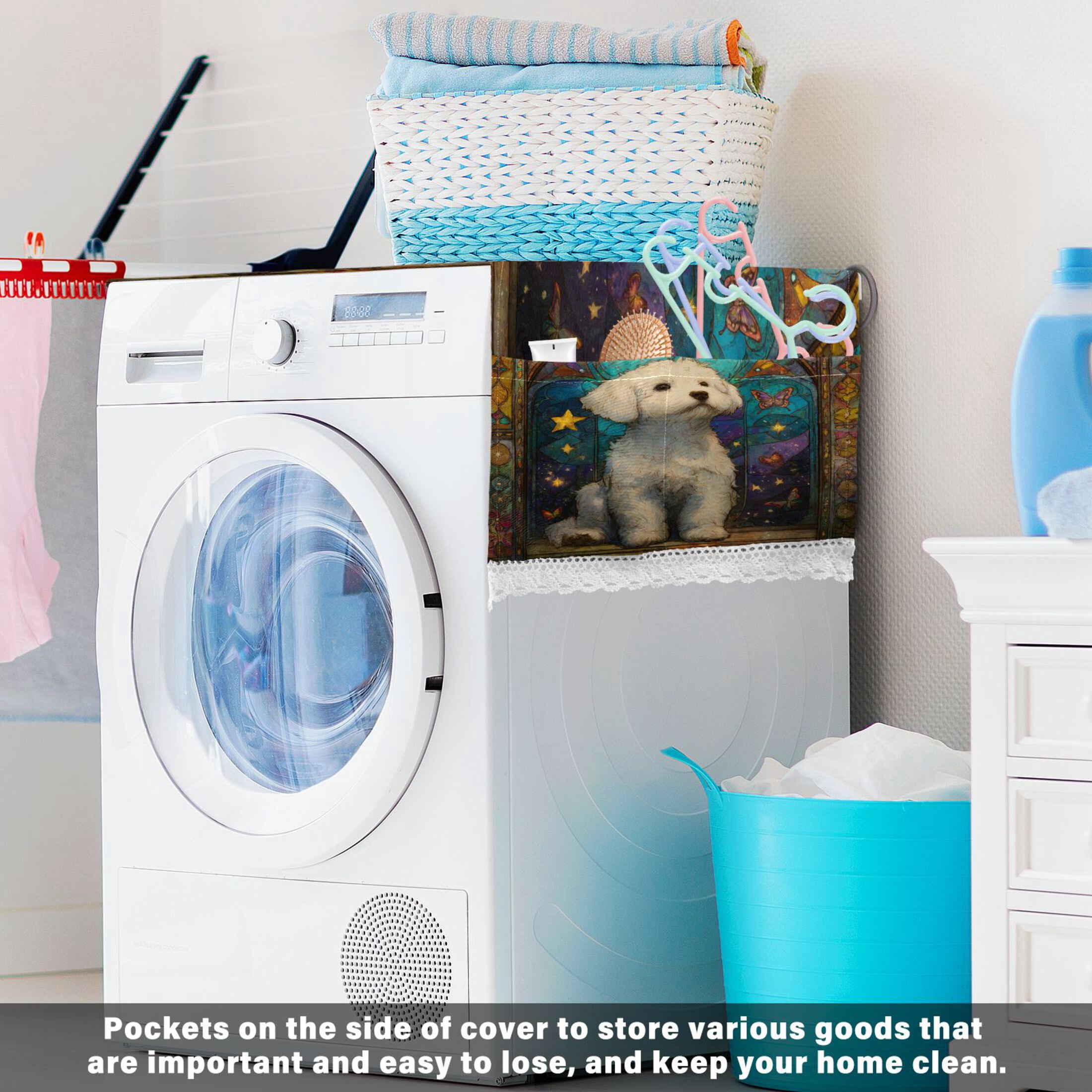 Wobogo White Bichon Frize Puppy Washing Machine Cover Dustproof Washer Dryer Cover Waterproof Laundry Room Decorative Protector