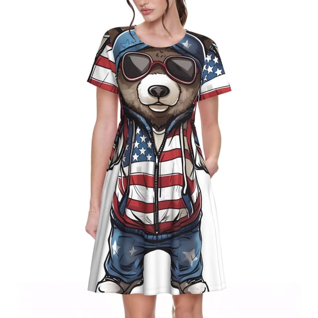Disketp Patriotic Boxing Bear Art para Vestido de Manga Corta para Mujeres, Vestidos de Verano para Mujeres, Casual y Holgado para la Playa