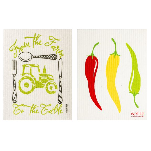 Wet-It! Swedish Treasures Dishcloth & Cleaning Cloth - Set of 2 - Peppers & Farm to Table - (Paper Towel Replacement)