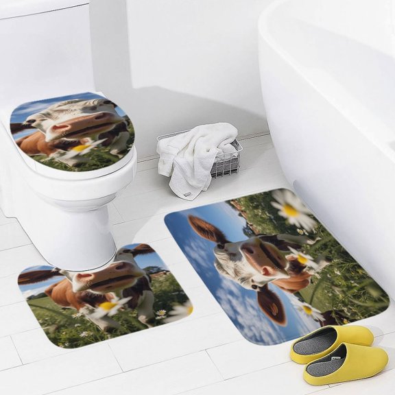 Farmhouse Highland Cow Funny Cattle And Flower Bathroom Rug Set of 3, No Silp Washable Cover Floor Rug Decorations for Kitchen Bathroom Bedroom