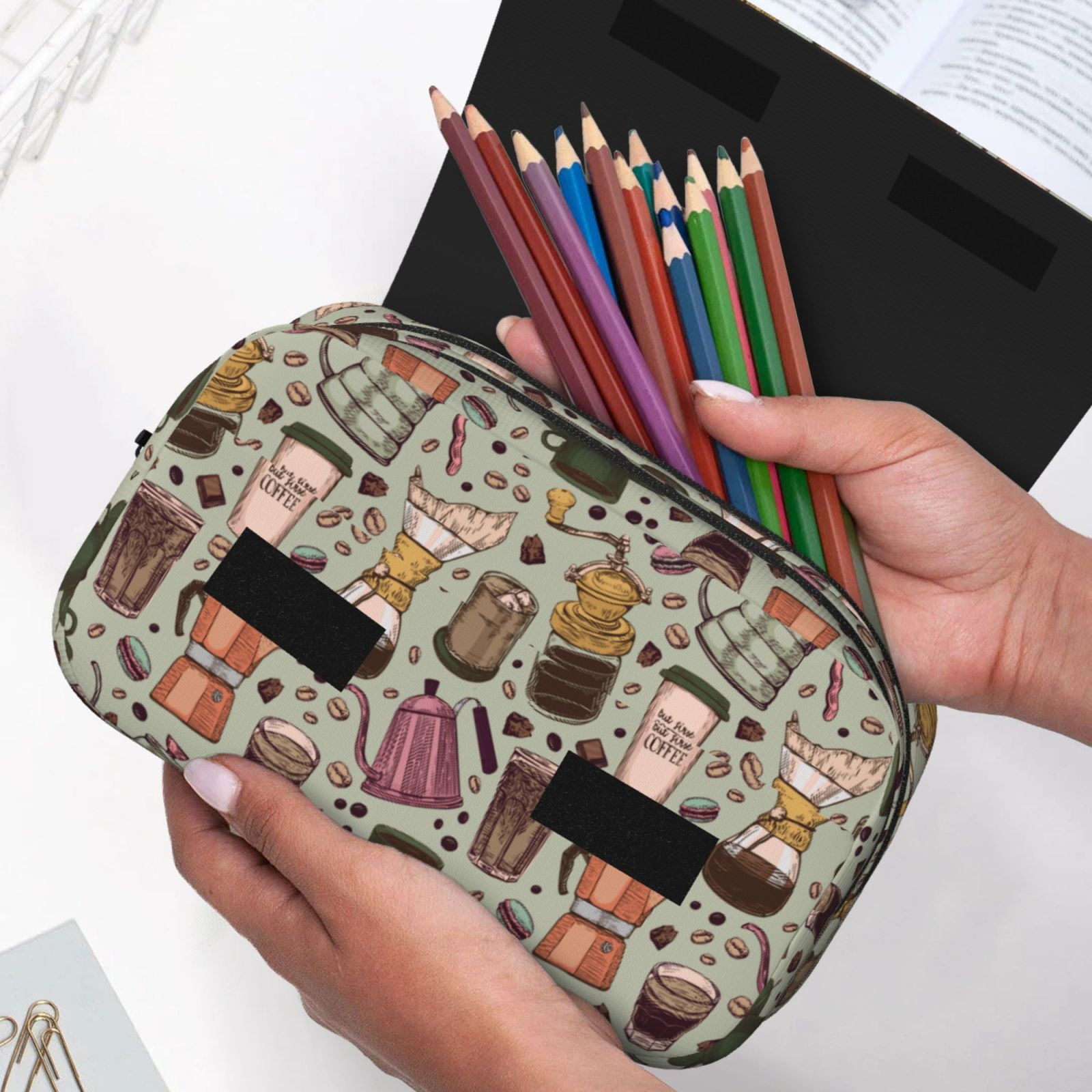 Rateoe Coffee pots cup Pattern Double Clamshell Pen Case, Storage Organizer with Two Zipper Compartments– Holds Up to 50 Pencils & Pens