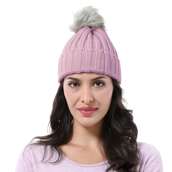 Knit Beanie Hat for Women and Men, Faux Fuzzy Pom Pom Winter Ski Skullies Cap, Light Pink