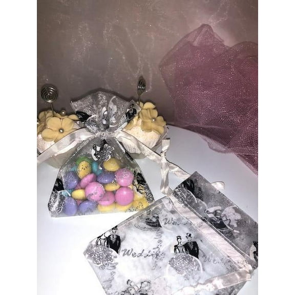 Charmed Wedding Organza Favor bags.; 3"X4"; Wedding Printing Designs Silver with White; 60 counts