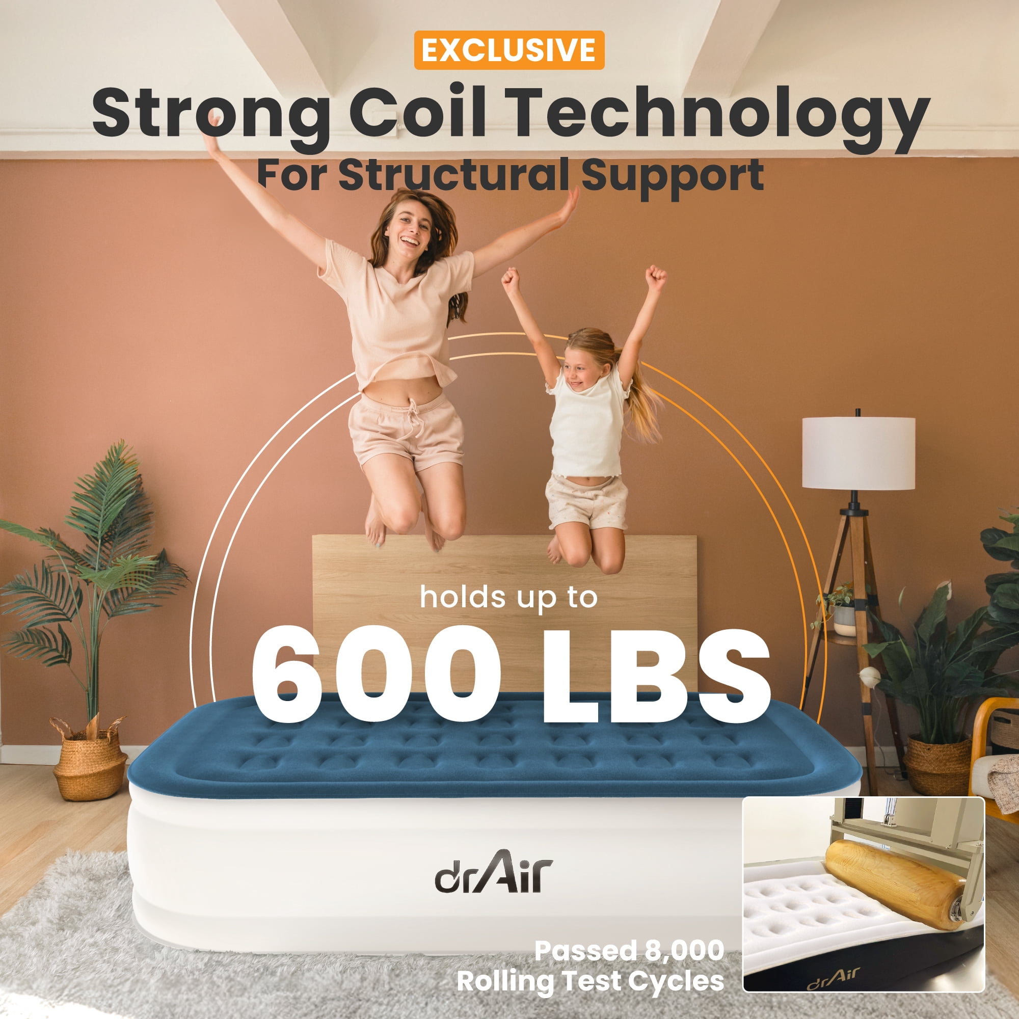 Dr. Air Full Air Mattress, 18” Raised Inflatable Bed with Built-in Pump, Waterproof Velvety Top, Ergonomic Design, Reinforced Support, and Carry Bag for Home, Camping, and Guests