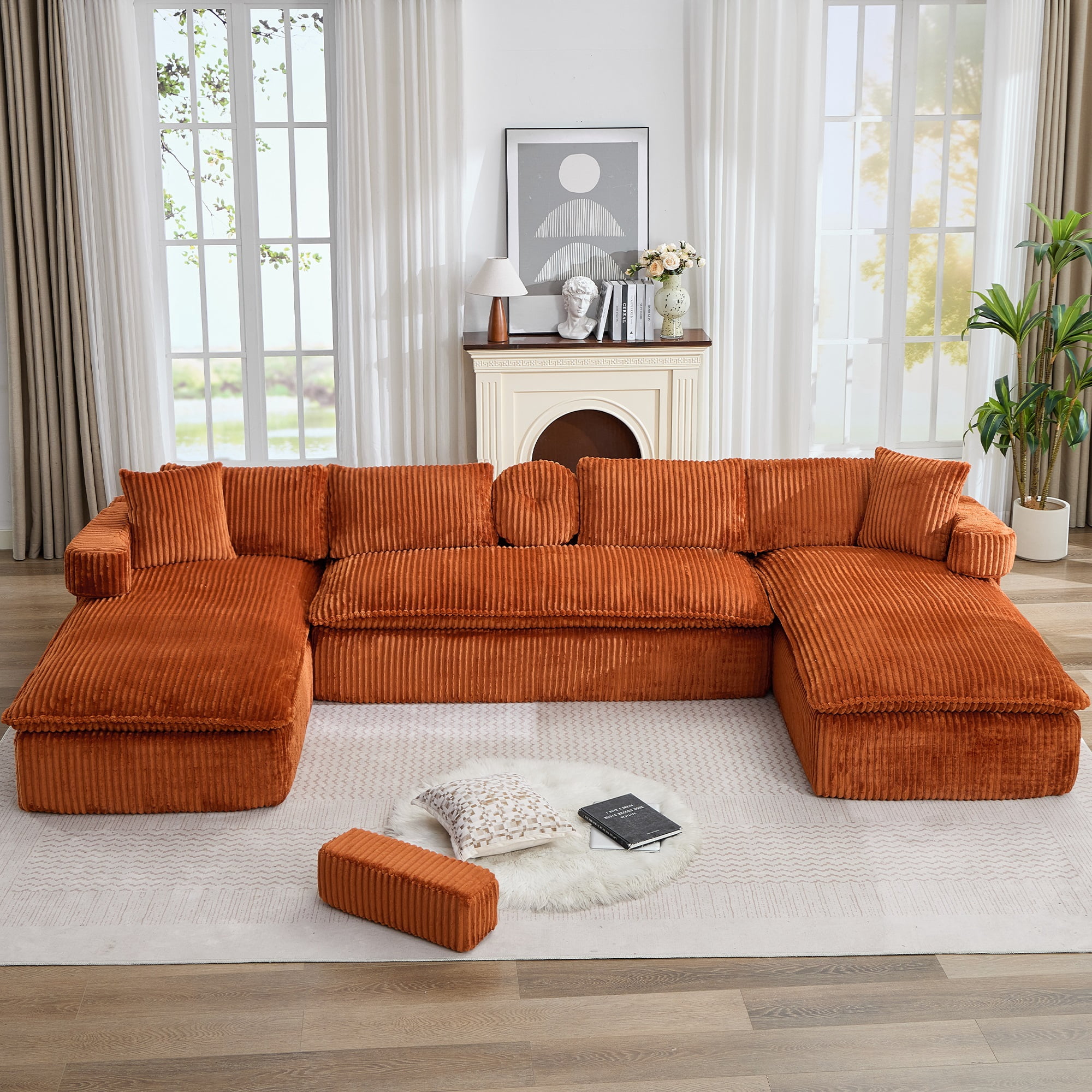 Howcool 149"W Oversized Modular Sectional Sofa,7-in-1 Corduroy U Shaped Sofa Couch with Double Chaise Lounge,Convertible Sleeper Sofa Bed,Deep Seat Cloud Couch for Living Room,Orange