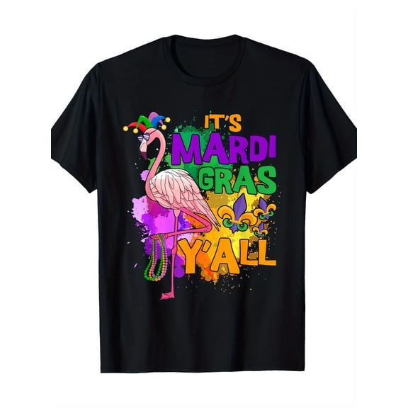 Men's Mardi Gras Flamingo T-Shirt - Black Cotton, Casual Crew Neck with Colorful Carnival Graphics, Machine Washable, Summer Party Wear