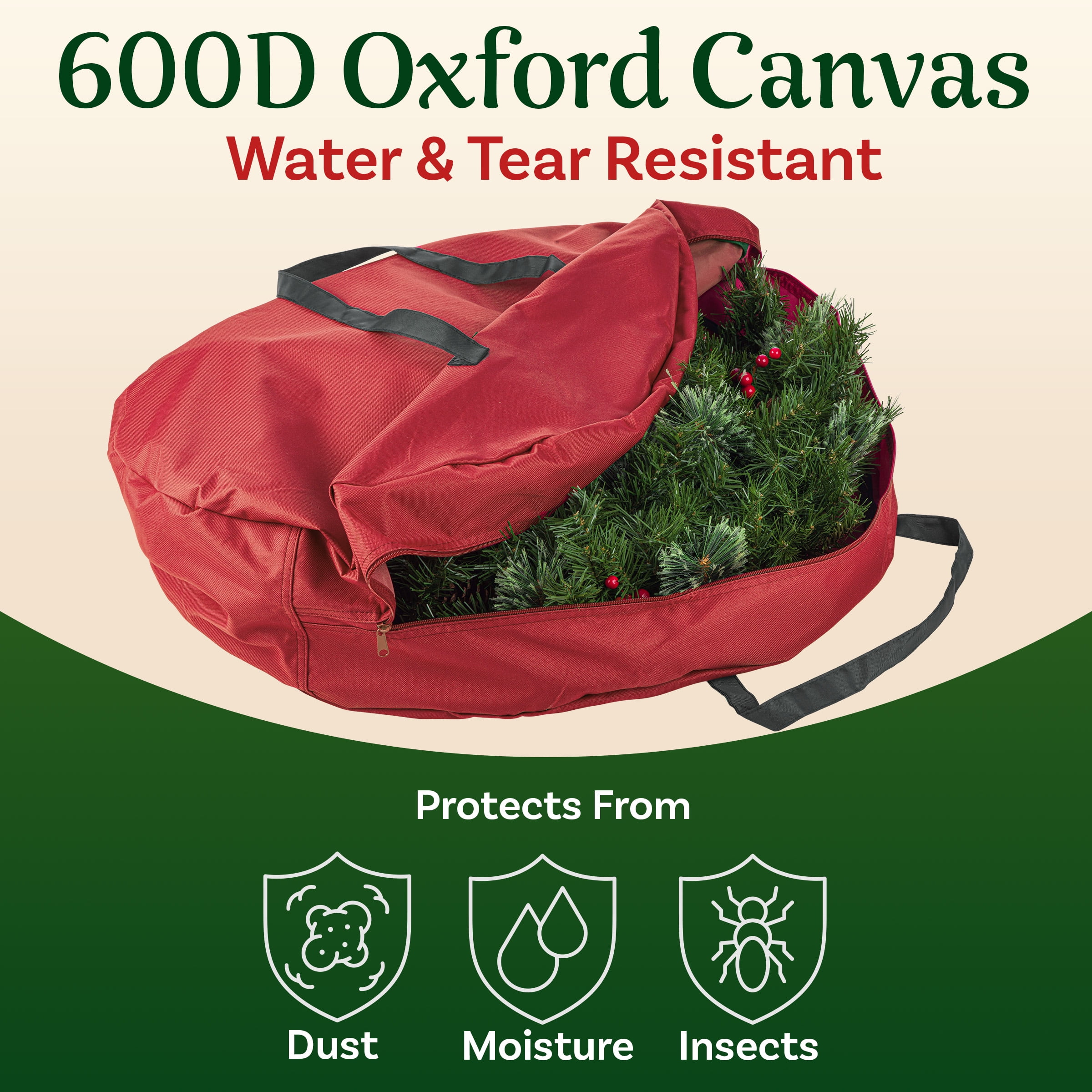 Tiny Tim Totes 30-inch Christmas Wreath Storage Bag with Carrying Handles, Red