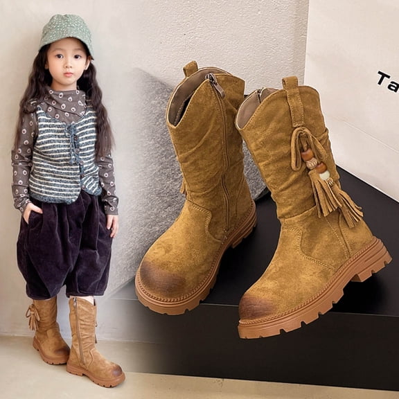 Eltusu Girls Winter Boots Mid Calf, Windproof Chunky Non-Slip Zipper Riding Boots Khaki Size 2 Big Kids