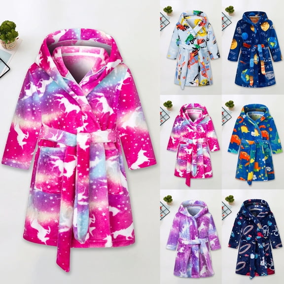 Pandaie Boys Girls Bathrobes Toddler Boy Girl Robes Kids Plush Soft Coral Fleece Hooded Pajamas Sleepwear Dark Blue,3-4 Years