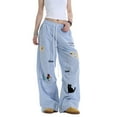 thumbnail image 4 of Women Pants Y2K Plaid Baggy Pants Women Streetwear Cartoon Embroidery Wide Leg Casual Drawstring Elastic Waist Trousers,High Waist Drapery Palazzo Pants with Pleats(BlueA,L), 4 of 6