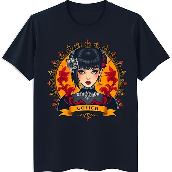 Intriguing Black T-Shirt with Gothic Woman's Gaze & Artistic 'GOTICH' Design
