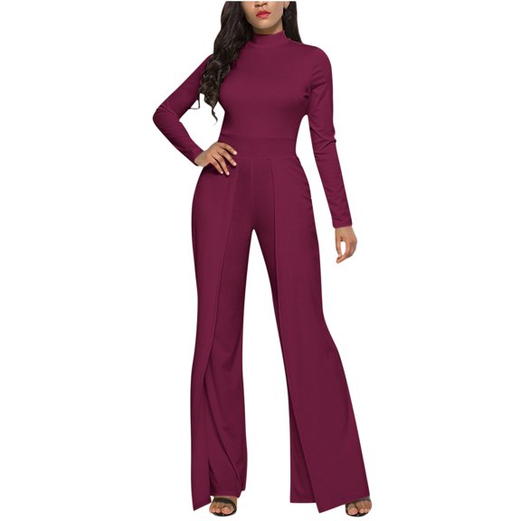Mrat Linen Overalls Women's Trendy Wide Leg Pants Solid Long Sleeve Jumpsuit Long Pants Lightweight Pants Women S-10 Wine XXL