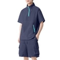 thumbnail image 2 of Men Bubble Textured 2 Piece Outfit Set, Quarter Zip Stand Collar Short Sleeve Jacket and Drawstring Elastic Waist Cargo Pocket Shorts Summer Tracksuit Size 4XL Navy, 2 of 5