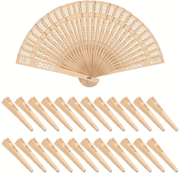 24 Pcs Elegant Wooden Hand Fans, Folding Fan Wedding Party Favors, 8" Fragrant Wood with Intricate Patterns Vintage Fan, Lightweight Handheld Fan for Wedding Decorations Bridal Showers Event Decor