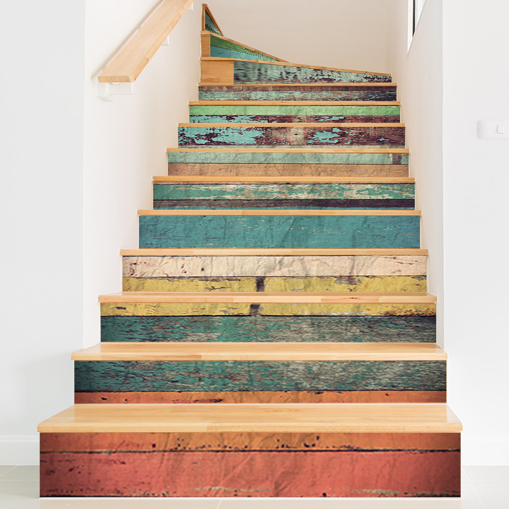 13PCS Farmhouse Self-Adhesive Stair Riser Stickers, Peel and Stick Contact Paper Staircase Decal, 39.37"x7.09", Color Wood