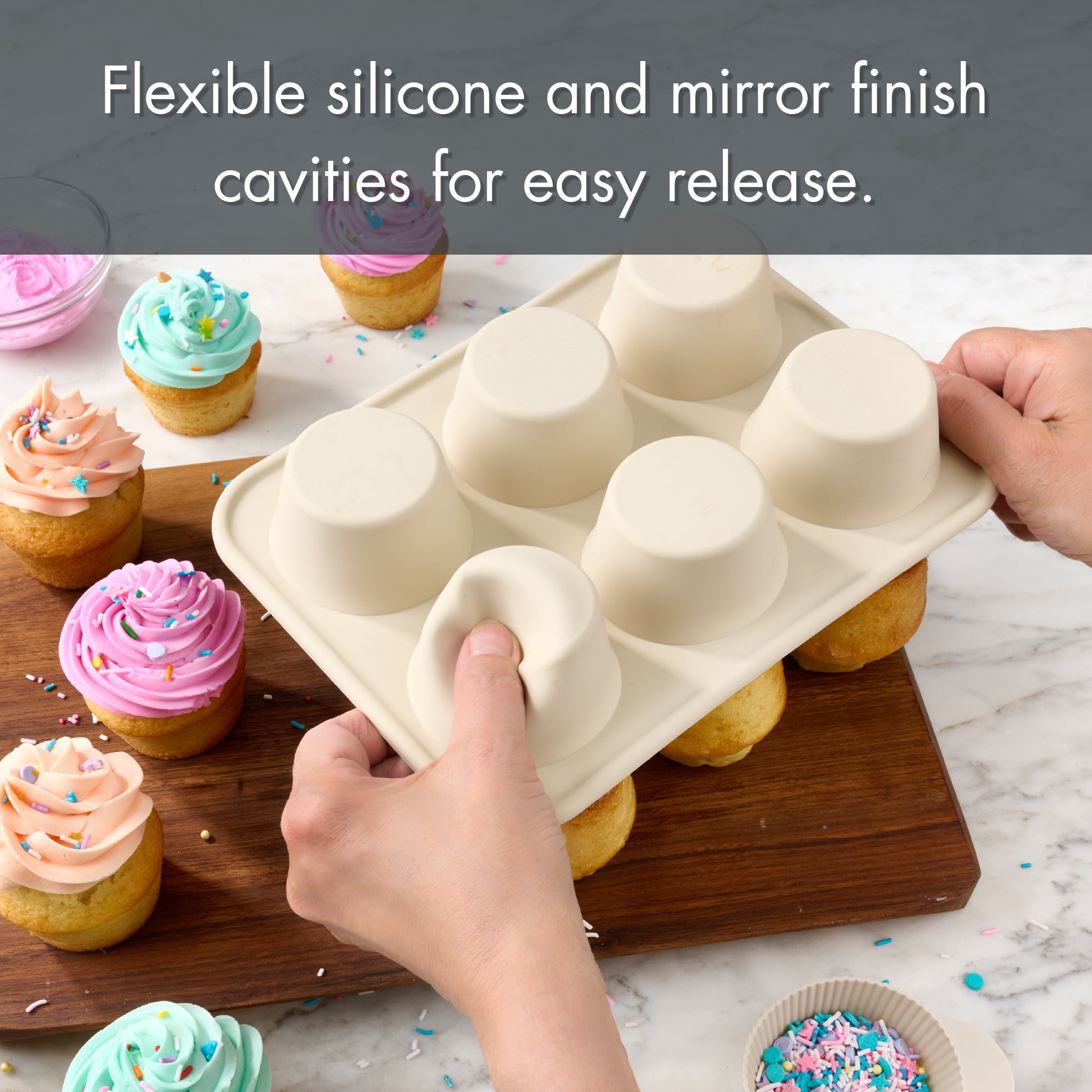 Mainstays 6-Cavity Silicone Cupcake Pan with Reinforced Steel Frame, Papyrus, 9.4 x 7.1 x 1.6 in