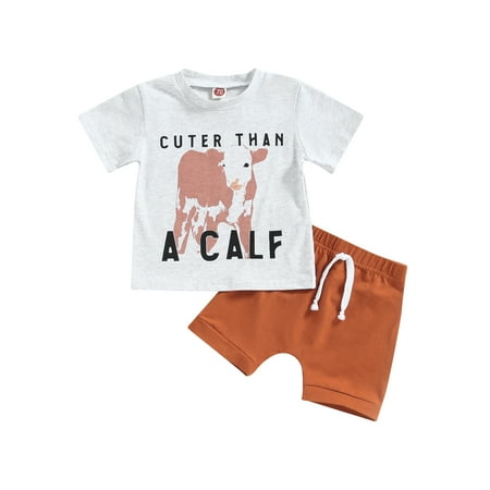 

Mieeyali Toddler Summer Clothes Cow Letter Print Short Sleeve T-shirt and Stretch Casual Shorts Set for Boys and Girls