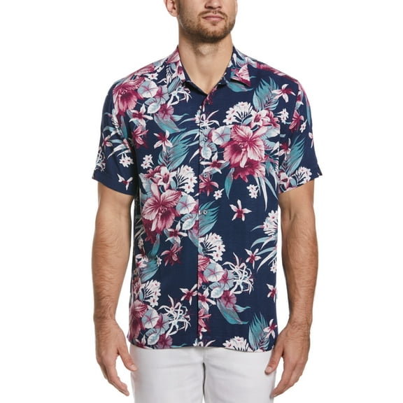 Cubavera Men's Floral Print Textured Short Sleeve Shirt Blue Size Medium