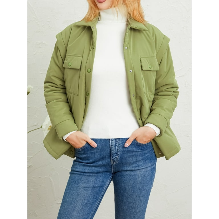 Womens Button Up Puffer Jacket Winter Warm Thick Solid Color Coat with Detachable Sleeves