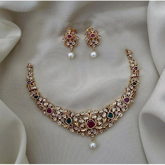 Antique Gold Finish Haram Necklace with Jhumka Earrings - Ruby & Green CZ Stones, South Indian Bridal Jewelry, Bollywood Wedding Jewelry Set
