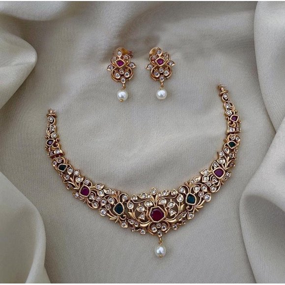 Antique Gold Finish Haram Necklace with Jhumka Earrings - Ruby & Green CZ Stones, South Indian Bridal Jewelry, Bollywood Wedding Jewelry Set