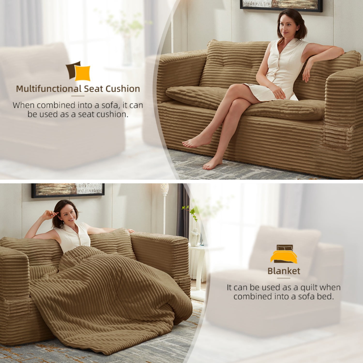 80" Convertible Sectional Sofa Bed with Independent Chaise Lounge, Corduroy Deep Seat Couch, King Size Floor Sleeper Sofa with Convertible Blanket, Camel