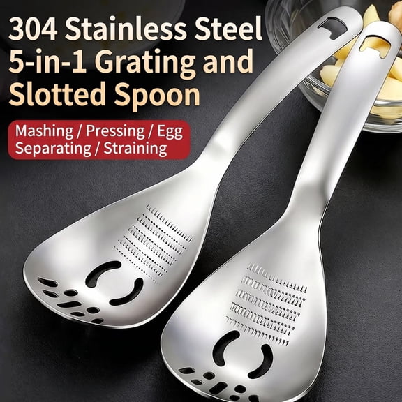 Gallickan 5-in-1 Stainless Steel Grinding Spoon, 1pc 304 Material Ginger Garlic Masher, Built-in Filter, Ergonomic Kitchen Utensil for Puree Preparation