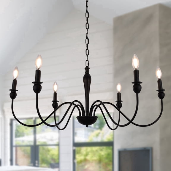 YANSUN 6-Light Matte Black Farmhouse Chandelier, Rustic Industrial Candle Chandelier for Kitchen Island, Dining Room and Bedroom