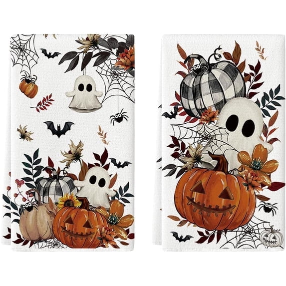 Spider Ghost Halloween Kitchen Towels Set of 2 18x26 Inch | Pumpkin Bats Leaves Hand & Dish Towels,Ultra Absorbent,Seasonal Farmhouse Decoration