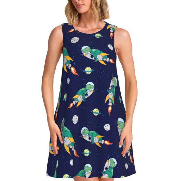 Fotbe Astronaut Dinosaur Vestido de Verano sin Mangas para Mujer – Vestido Midi Línea A, Estilo Camiseta Floral, Vestido Playero Casual y Fluido