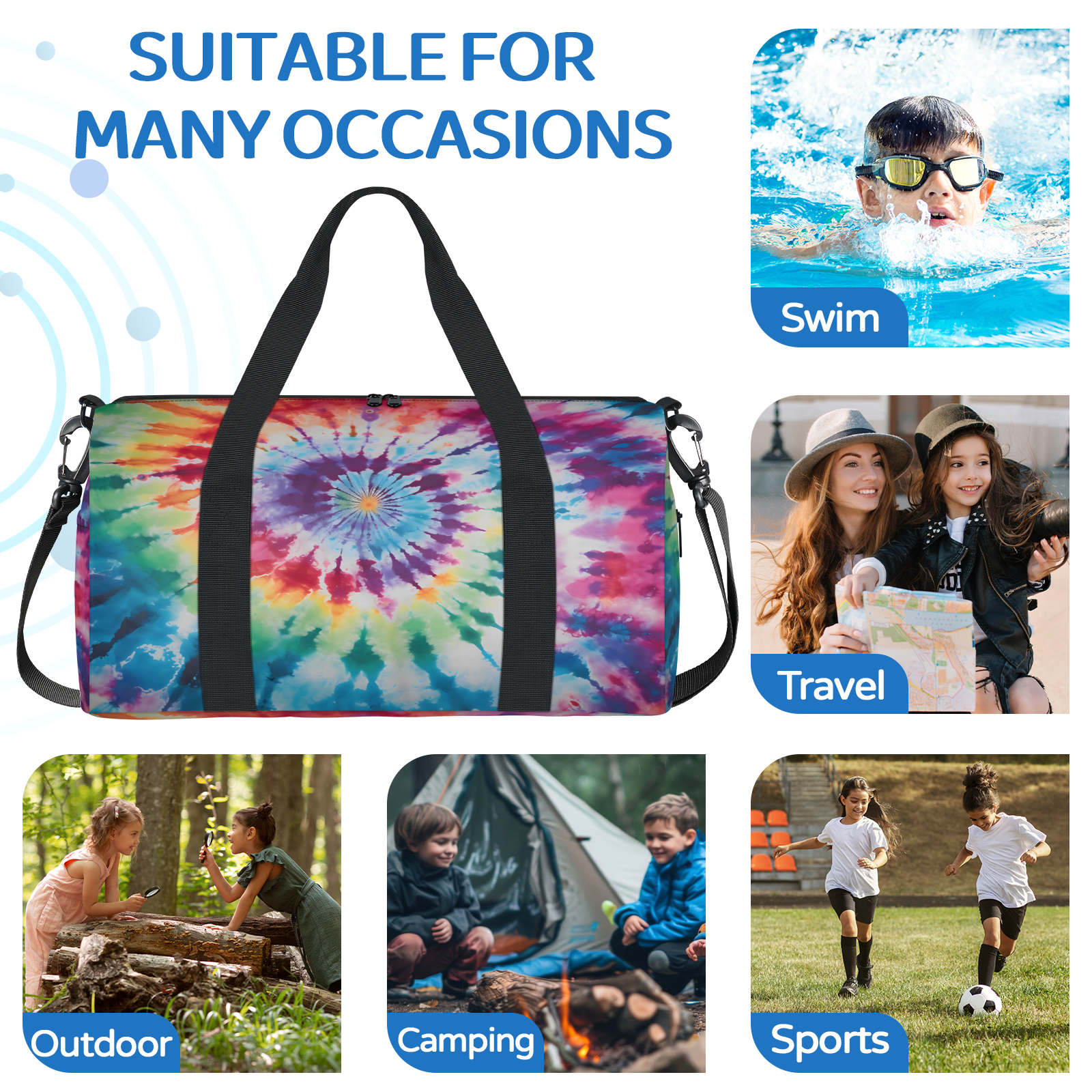 Herdesigns Tie Dye Rainbow Boho Hippie Gym Bag for Women, Duffle Bag for Travel Sport, Lightweight Waterproof Carry on Weekender Overnight Dance Yoga Workout Bags
