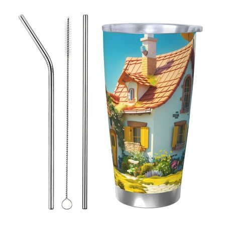 

Zeuib Cozy Cartoon Backyard Printed 20oz Stainless Steel Insulated Car Cup Stainless Steel Thermal Cup Vacuum Insulated Leak-proof Travel Mug Cup-Straw Three-piece Set