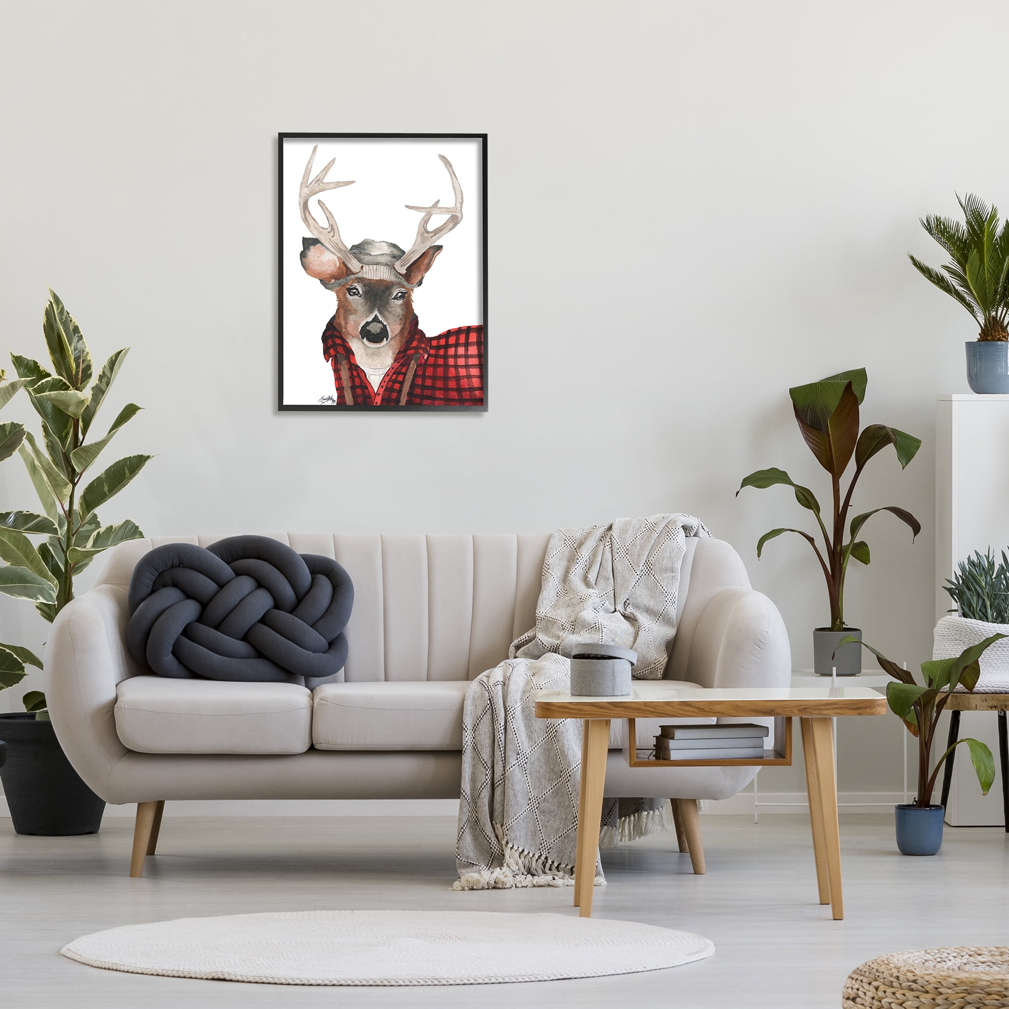 Stupell Industries Lumberjack Buck Deer with Beanie Red Plaid Cabin Painting Black Framed Art Print Wall Art, 24 x 30, Design by Elizabeth Medley