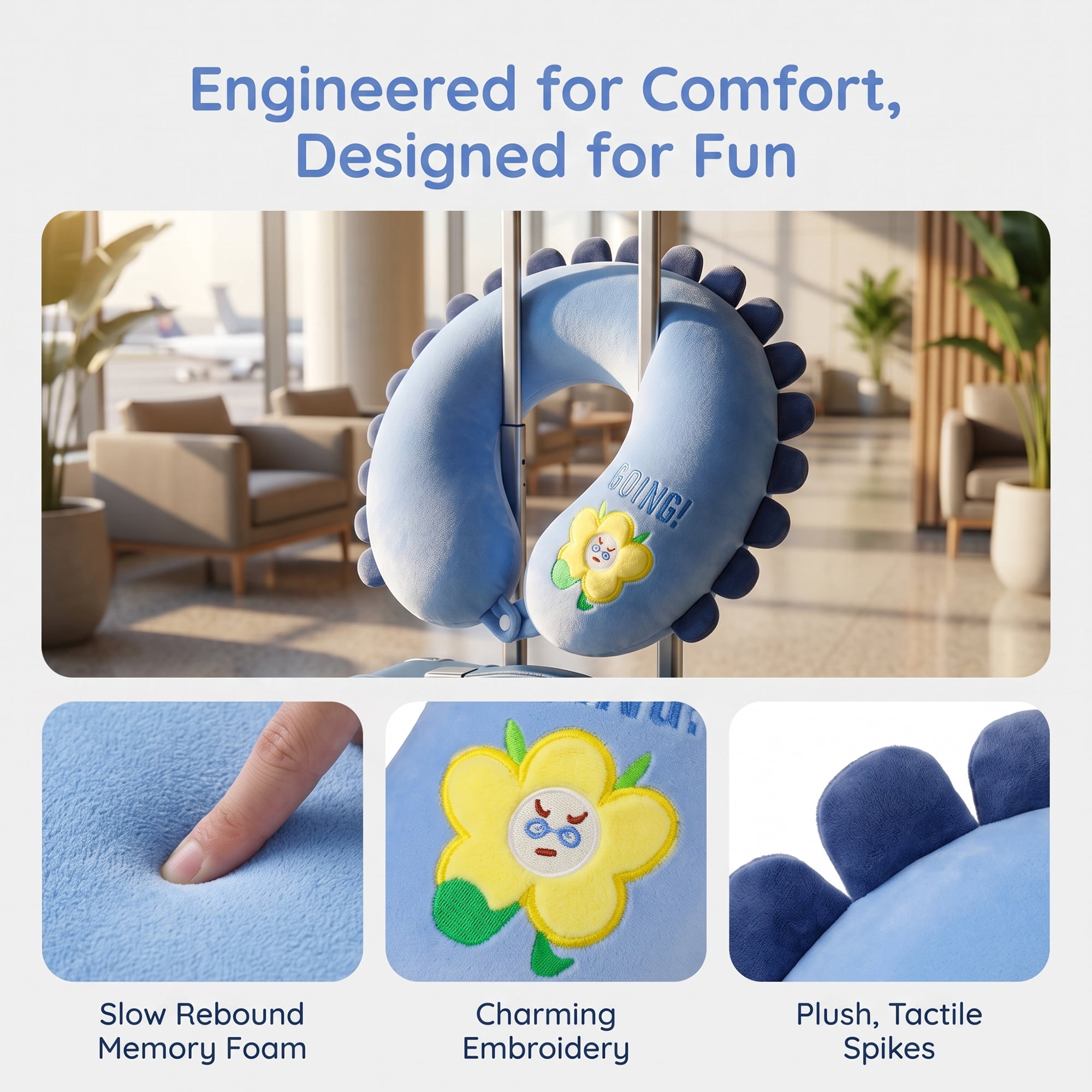 Unique Bargains Memory Foam Neck Pillow U Shape Sunflower Neck Pillow Dark blue 12"x12"