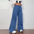 thumbnail image 4 of LWavelet Womens Tie Detail Cargo Wide Leg Jeans Multi Pocket High Waisted Daily Casual Denim Pants Blue L, 4 of 6