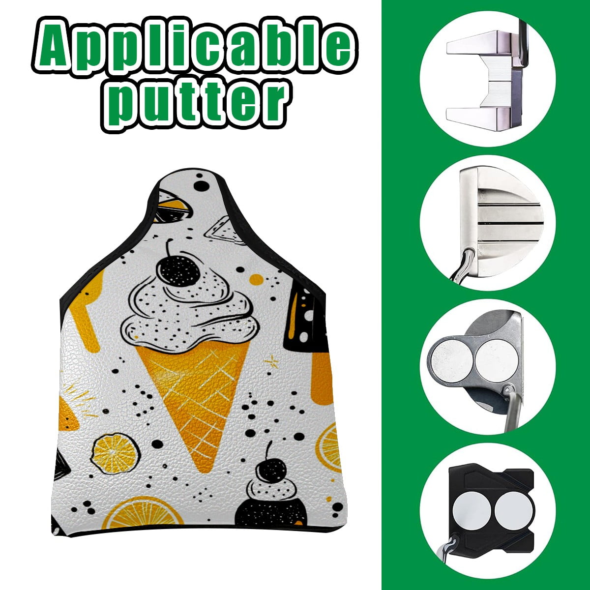 Golf Mallet Putter Cover Premium Leather Waterproof Golf Putter Head Cover with Magnetic Closure Ice Cream Pattern