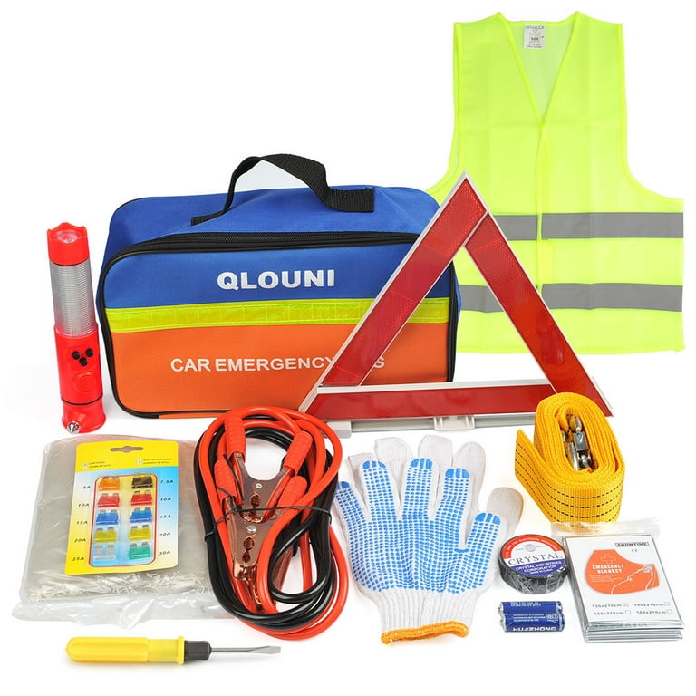 QLOUNI Car Roadside Emergency Kit, Auto Truck Safety Emergency Road Side  Assistance Kits with Jumper Cables,Auto Plug In Fuse, etc
