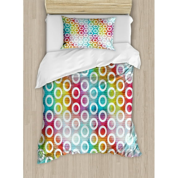 Geometric Circle Duvet Cover Set, Digital Oval Bands on Vibrant Background Bubble Forms on Fractal Image, Decorative 2 Piece Bedding Set with 1 Pillow Shams, Twin Size, Multicolor, by Ambesonne
