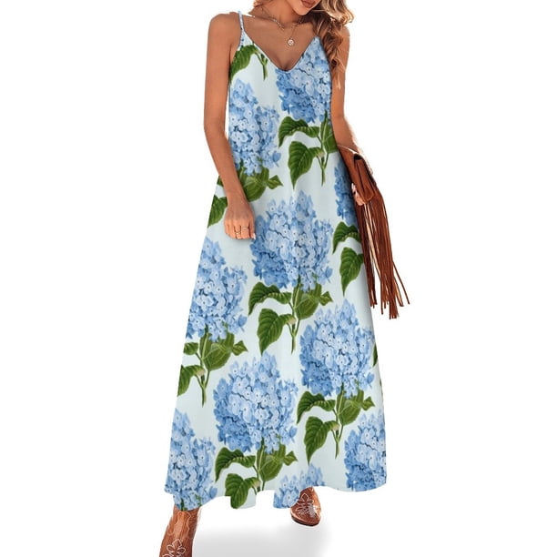 Nuevo vestido sin mangas con estampado de hortensias azules y estampado floral, vestido de noche para mujer, vestido de verano, vestido coreano para mujer