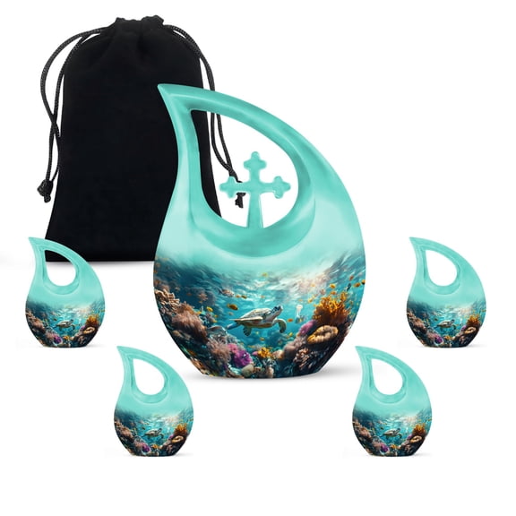 MUKTIVE Sea Turtle Combo Sets Memorial Urns for Ashes Adult Male & Female, Decorative Cremation Urn for Human Ashes, Combo Set, (1 Large 10 ", 4 Keepsake 3 ")