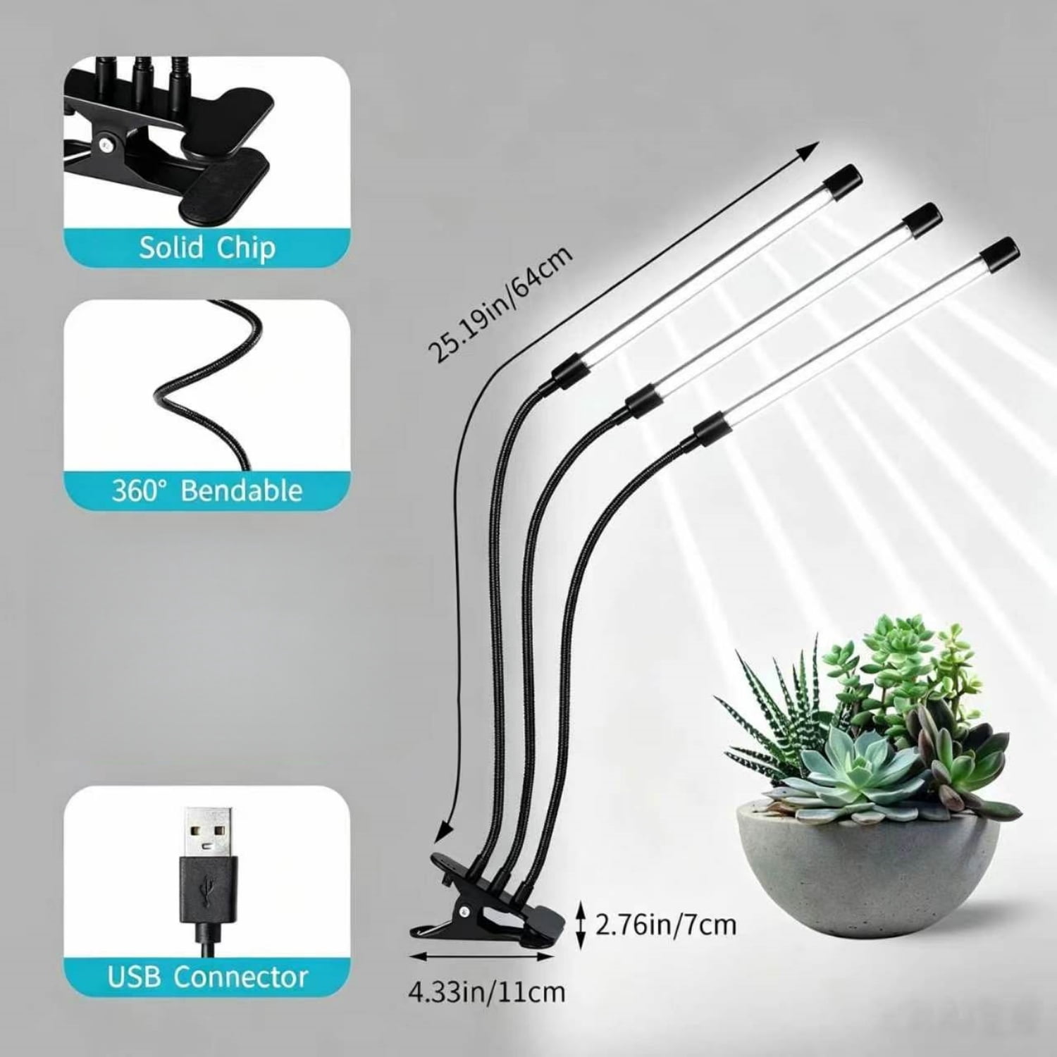 LED Grow Lights Indoor Plants Hydroponics Full Spectrum Plant Growing Light,3-Head Clip-On Plant Grow Light with 9 Dimmable Brightness Levels