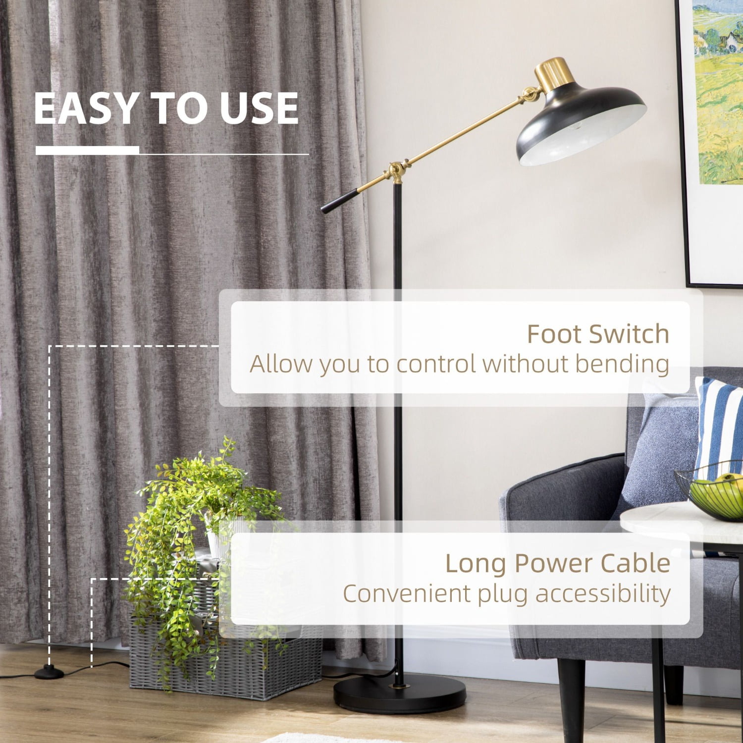 Industrial Adjustable Floor Lamp with Balance Arm - Black and Gold 48.75"-65" Height for Living Room Reading