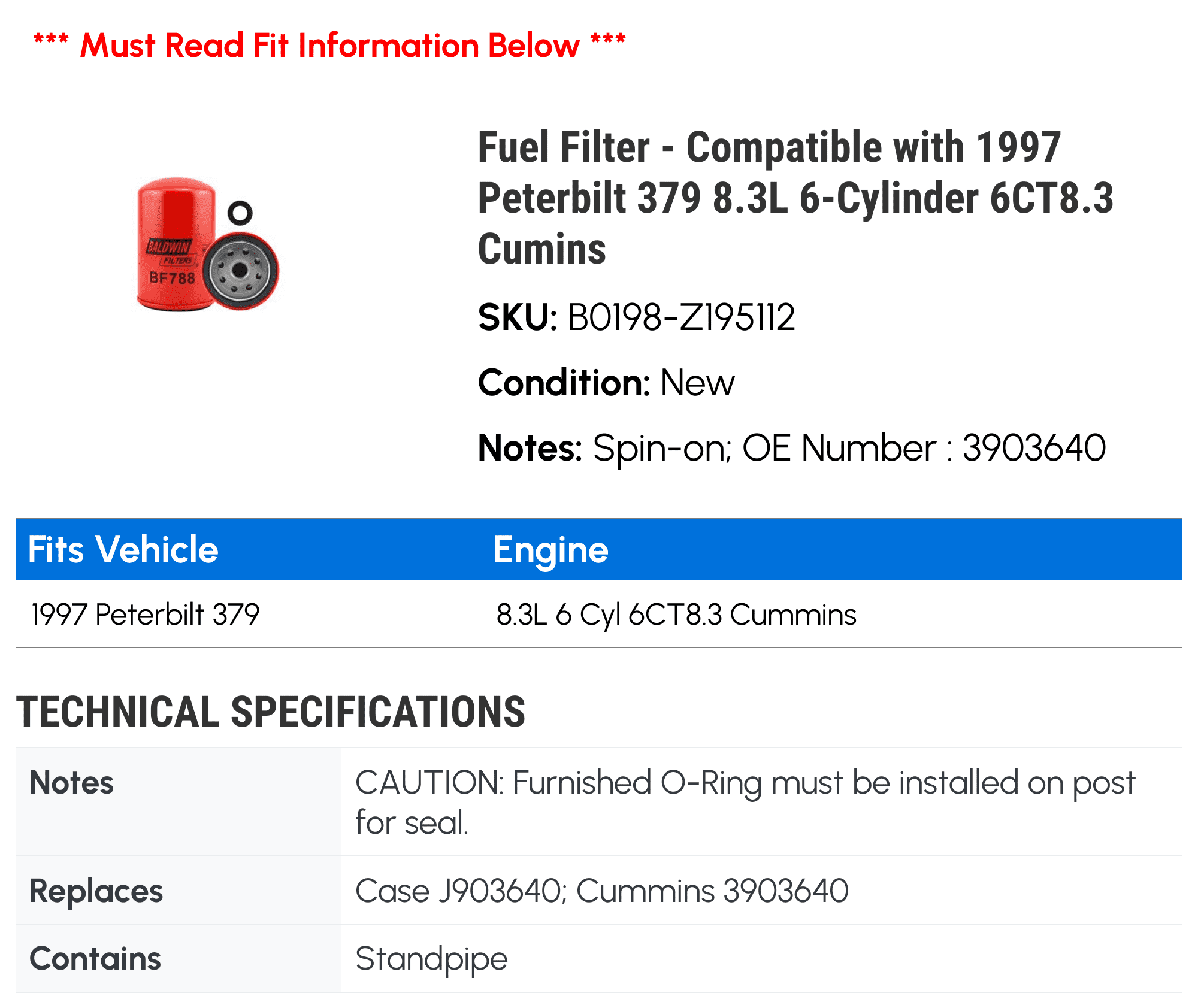 Fuel Filter - Compatible with 1997 Peterbilt 379 8.3L 6-Cylinder 6CT8.3 Cumins