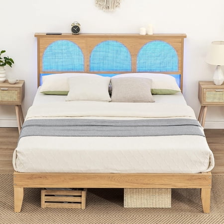 Wood Bed Frame Queen Bed Frame with Headboard LED Wooden Platform Frames No Box Spring Needed Easy Assembly Modern Rattan Platform Bed Frame