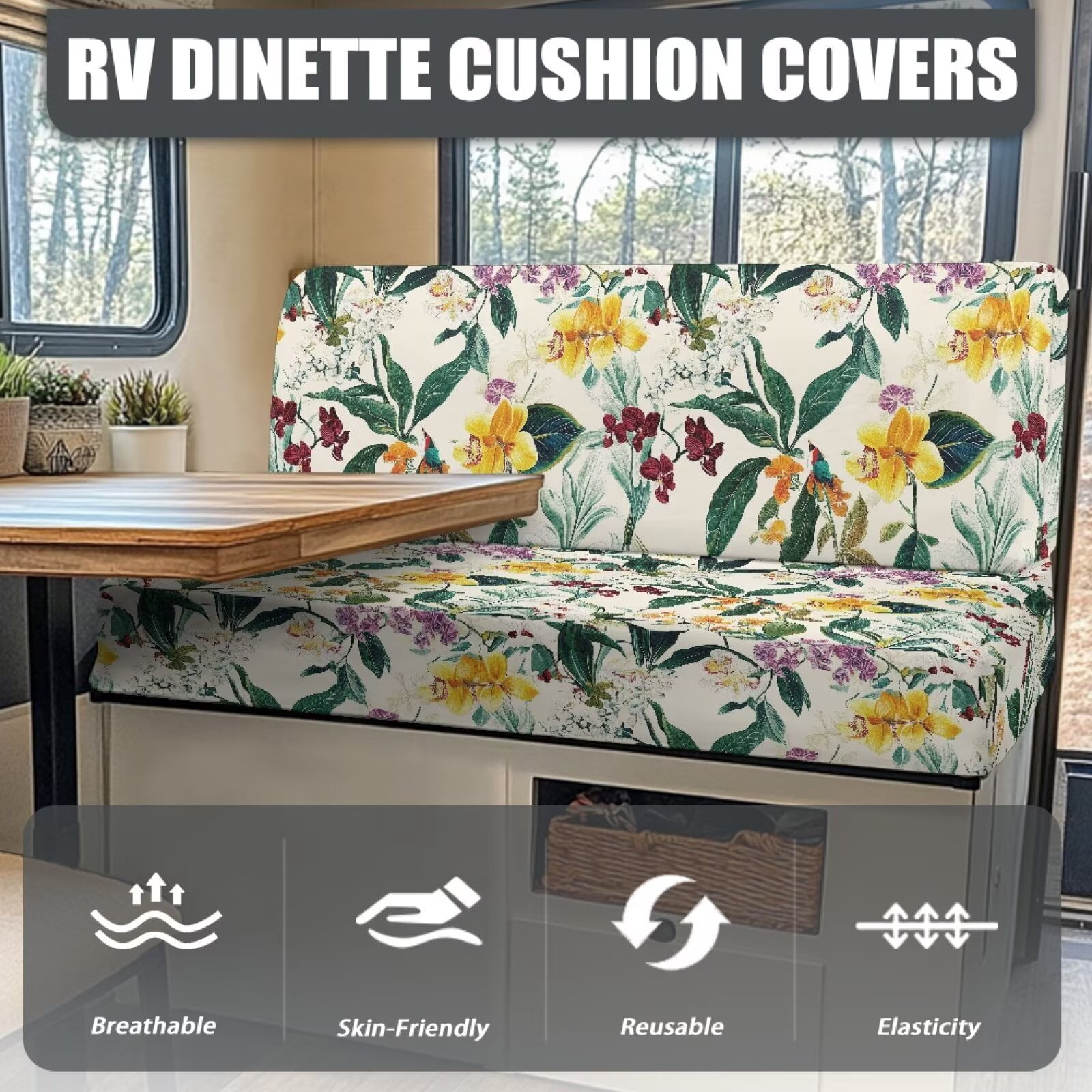 Boatee Beautiful Flowers RV Dinette Cushion Covers Daisy RV Accessories Universal Cushion Covers for Couches and Sofas Loveseat Sofa Chair Cover Furniture Protector Camper Must Haves White