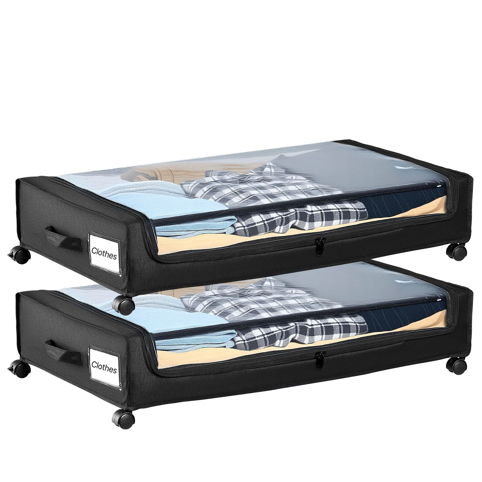 Under Bed Storage with Wheels, 28.94" x 15.75" x 4.33", 60 lbs Capacity, Clear Top, 360° Casters, for Clothes Shoes Toys