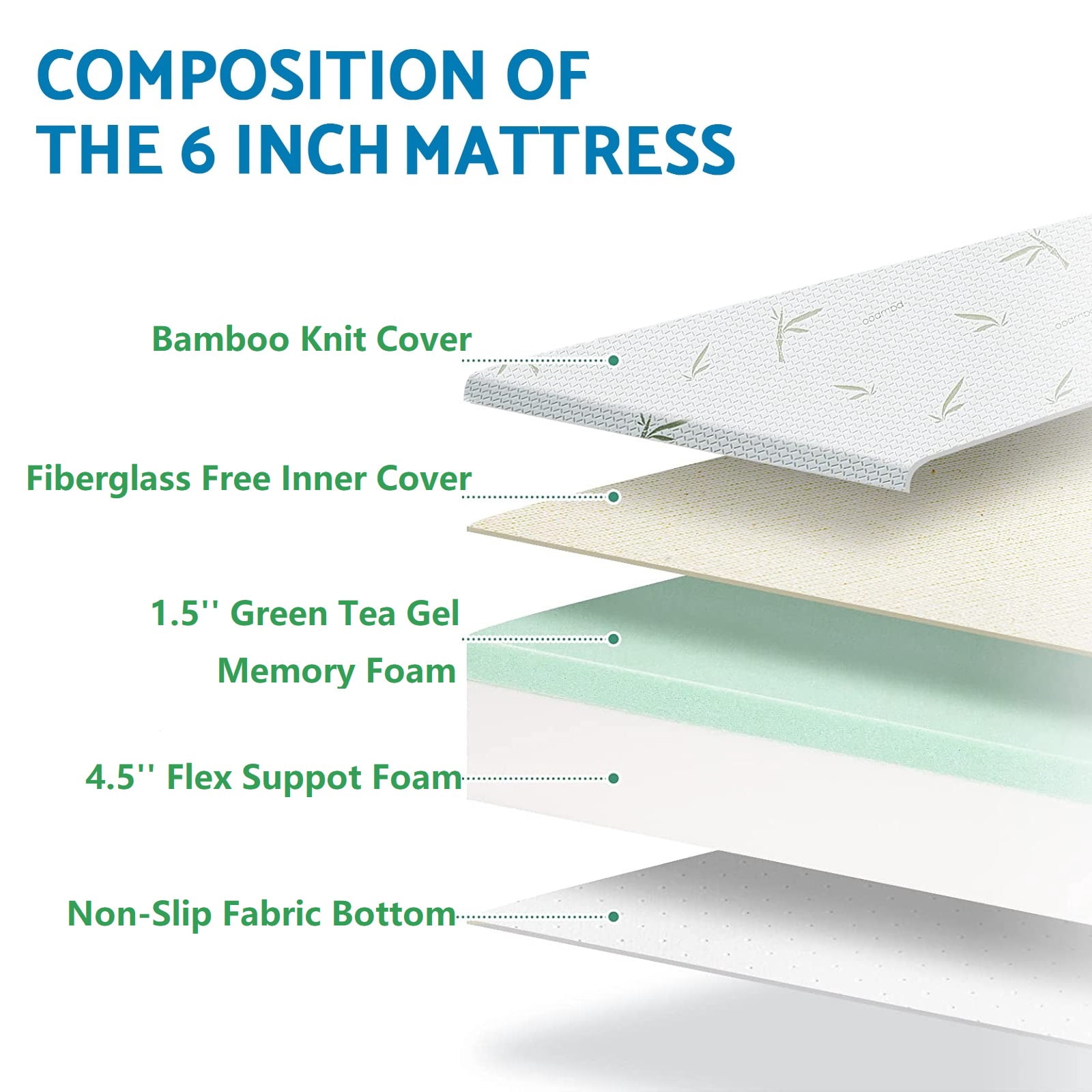 King Mattress,6 inch Memory Foam Mattress, Green Tea Gel Infused, Bamboo Knit Cover