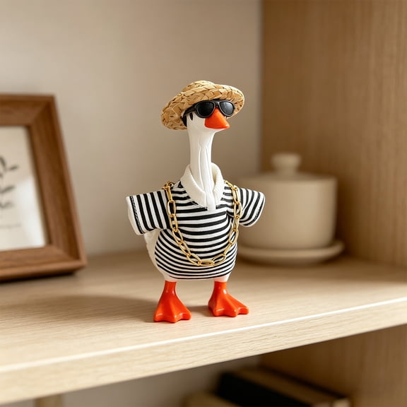 Darzheoy Desk Goose Outfits, Summer Mini Goose Statue Outfit Set, Striped Shirt Small Goose Straw Hat Sunglasses, Tabletop Goose Decor Accessories for Goose Statue in Bedroom, Living Room, Study